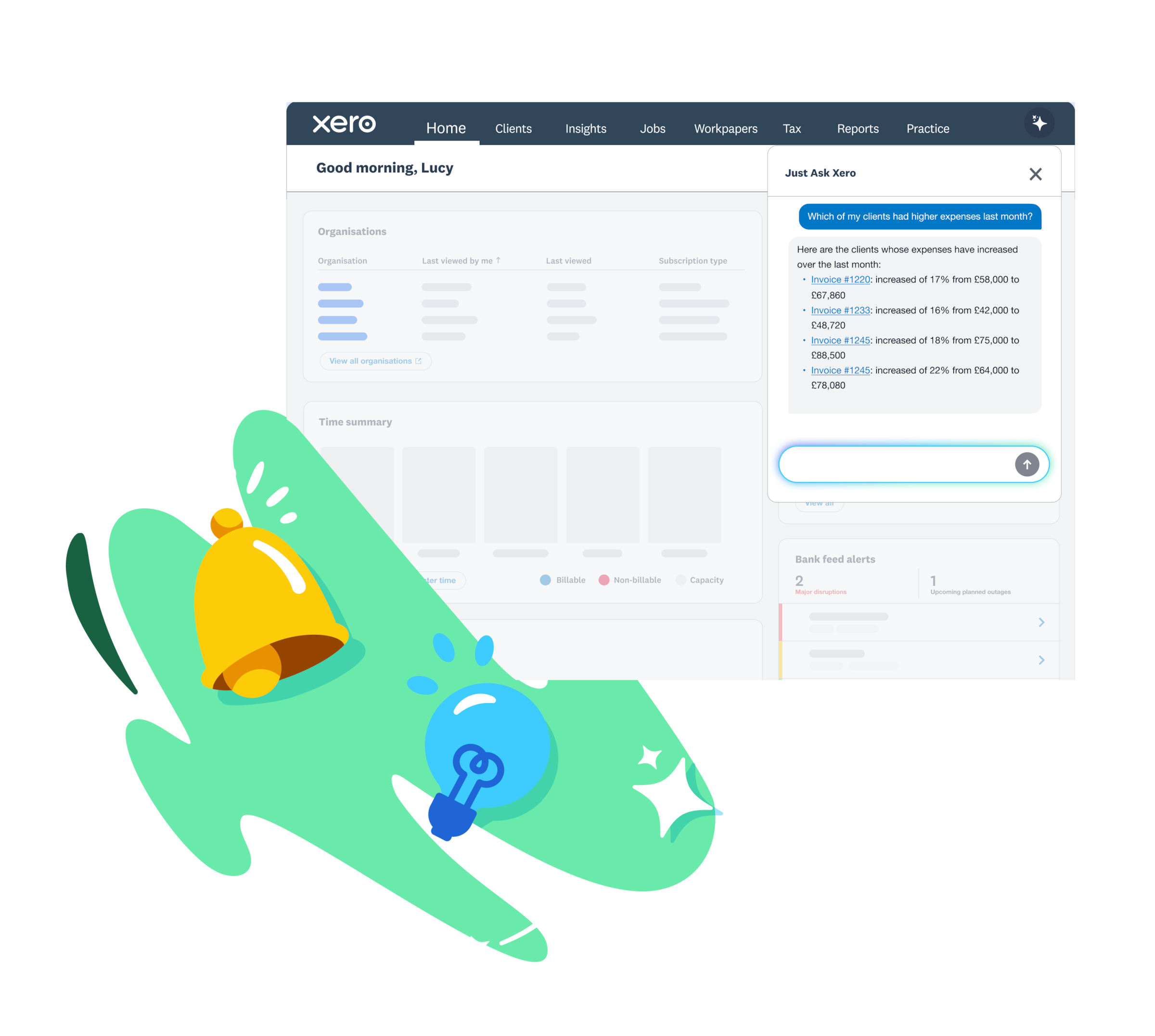 Xero's Just Ask Xero AI assistant answering a question about client expense increases